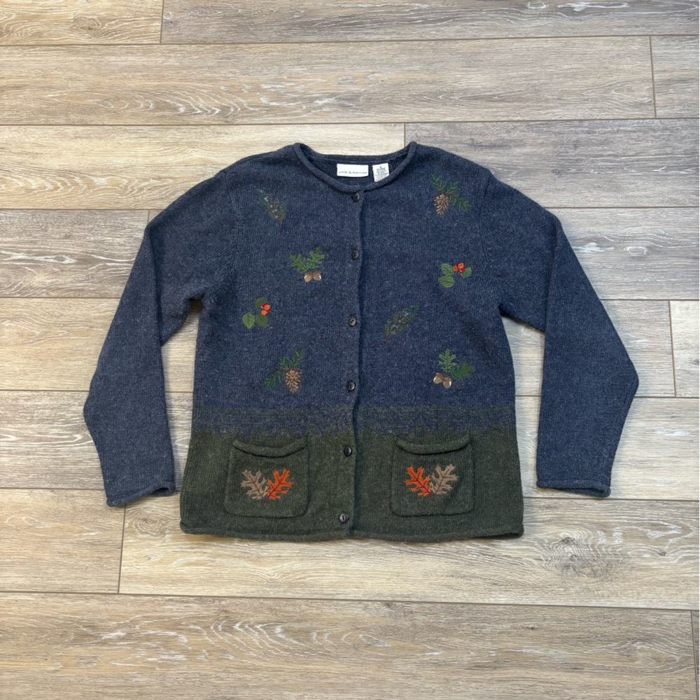 Croft & Barrow Cardigan Sz S Wool Blend Fall Leaves Vtg Sweater Country Grandma